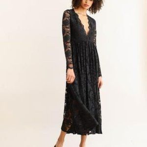 Ganni Flynn Lace Plunging V Neck Midi Dress Black Blue 38/6 wedding formal